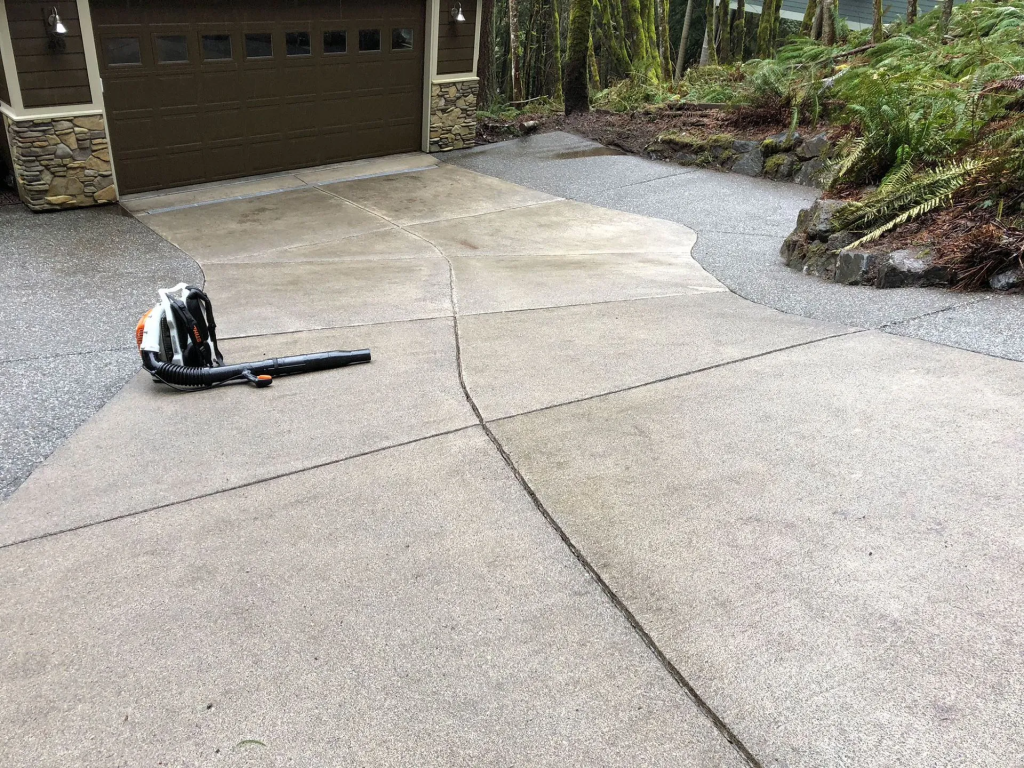 leaf blower in driveway after pressure washing